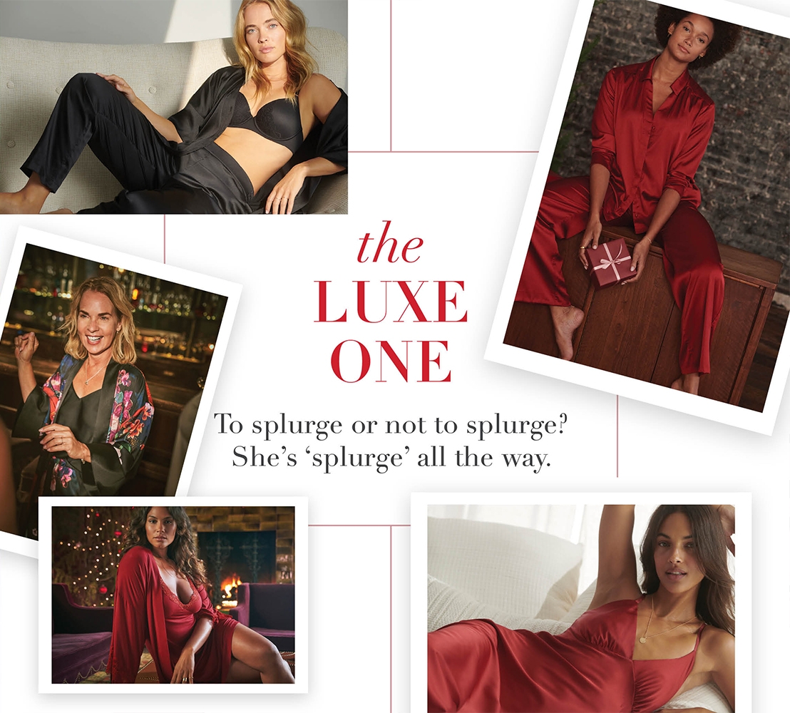 Gift guide collage featuring models wearing satin pajamas in red, black, and colorful floral.