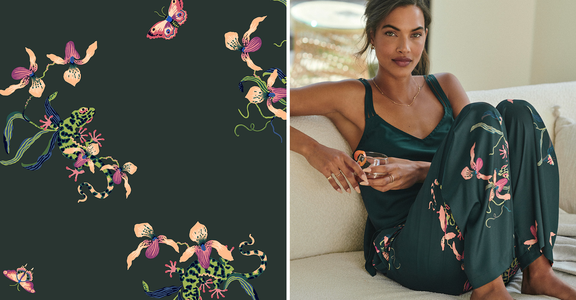 Close-up swatch of dark green fabric with colorful tropical print. Soma<sup class=st-superscript>®</sup> model wearing dark green satin pajama tank and matching satin pants in tropical print.