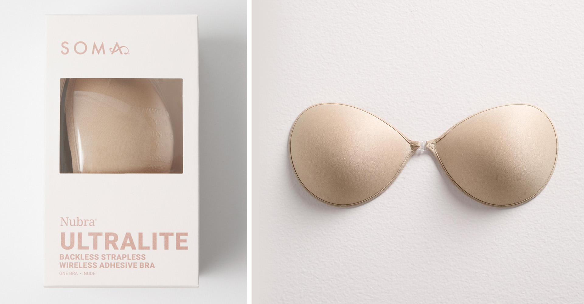 Soma<sup class=st-superscript>®</sup> packaging of a nude backless strapless bra. Laydown of nude adhesive backless strapless bra.