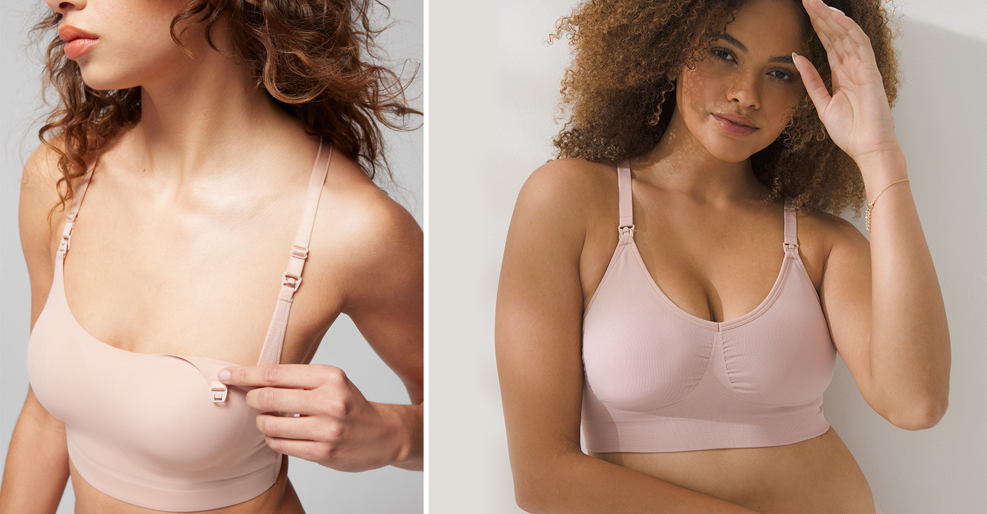 Soma<sup class=st-superscript>®</sup> models wearing a light pink maternity bralette, showing the functional strap clips.