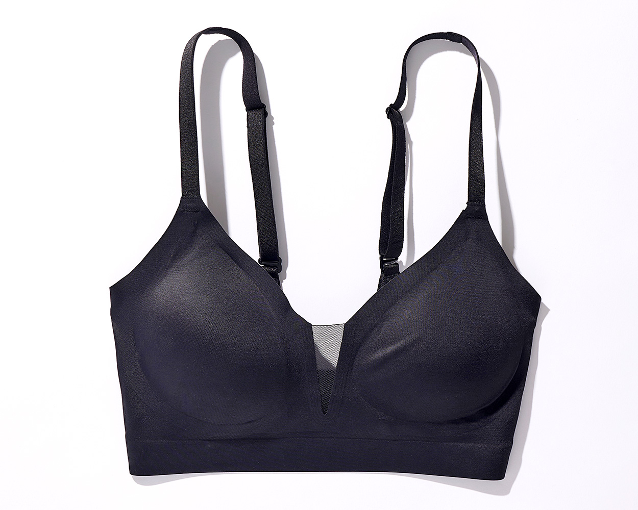 Soma<sup class=st-superscript>®</sup> laydown of a black bralette with a sheer mesh center detail.