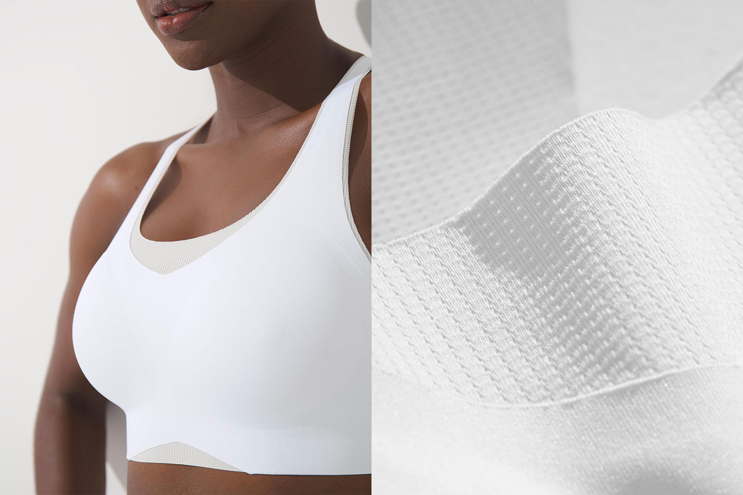 Soma women's model wearing a white sports bra next to a close-up image of recycled polyester fabric.