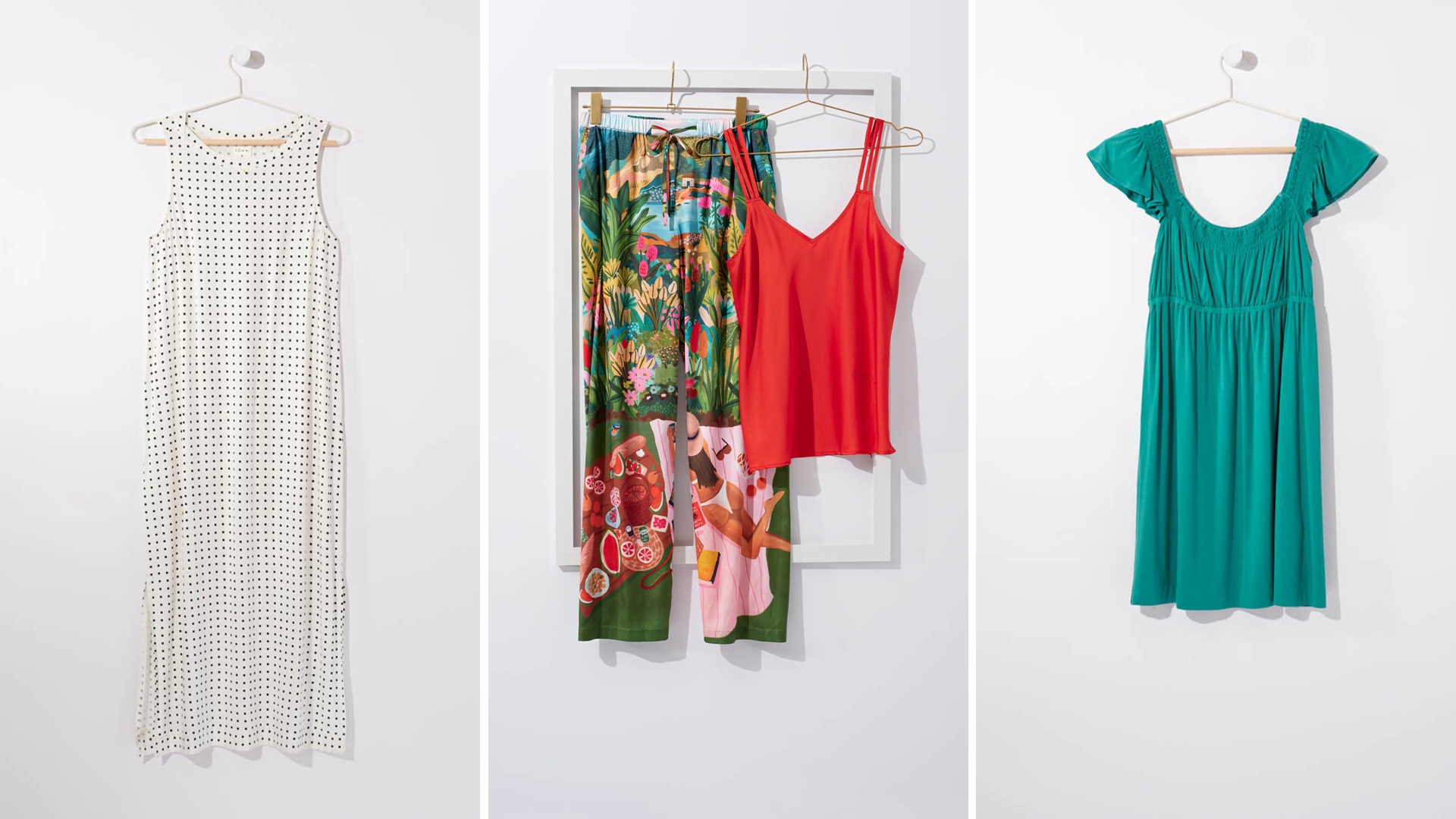 Soma women’s polka dot tank sleepshirt, patterned satin pajama pants, sleep tank, and teal nightgown hung on hangers.