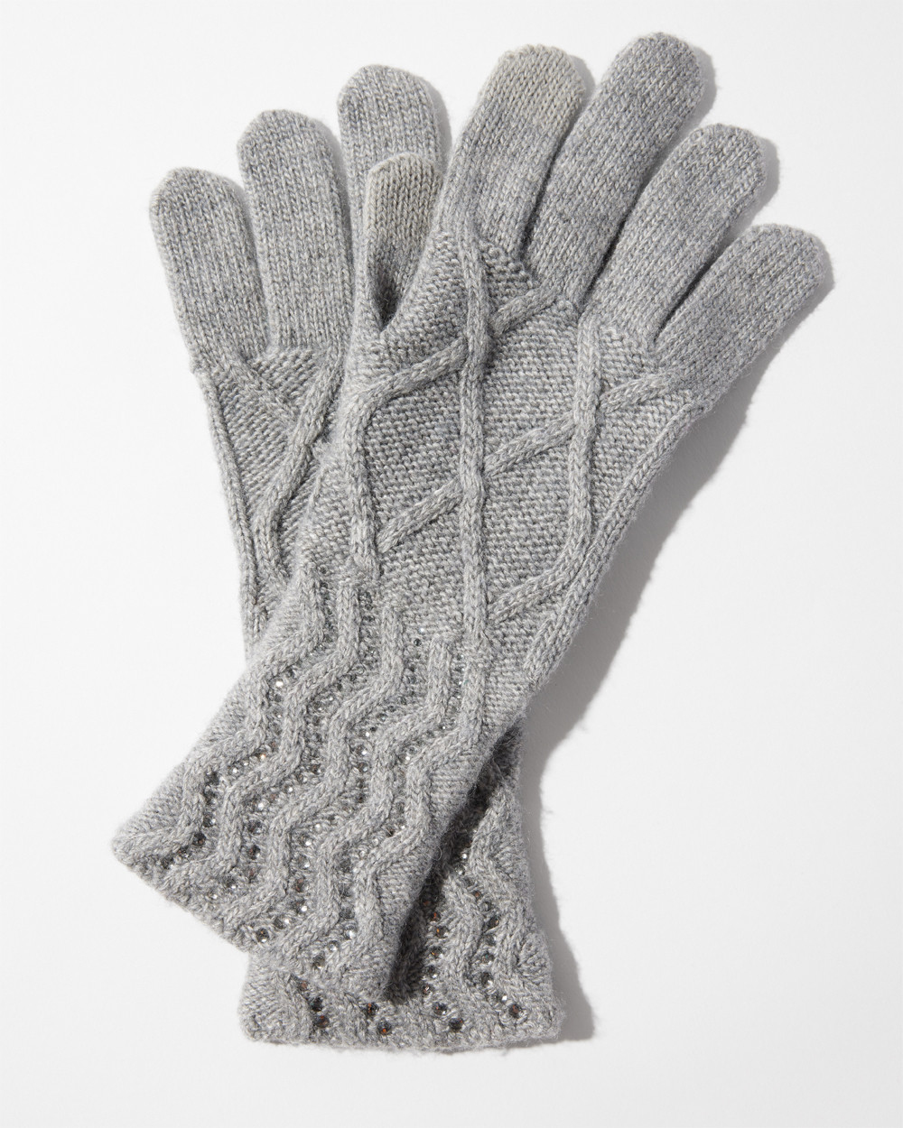 WHBM<sup class=st-superscript>®</sup> laydown of grey rhinestone cable knit gloves.