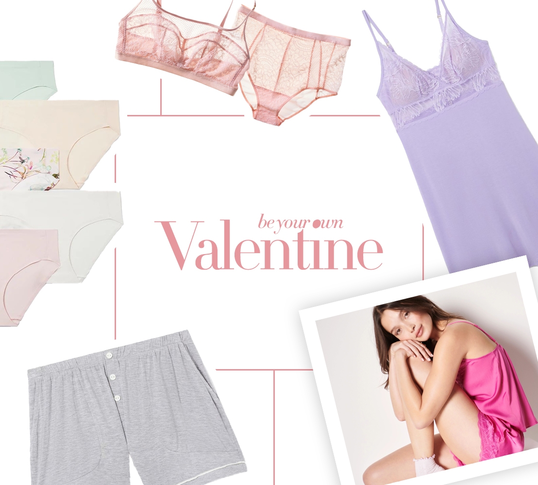 Collage of Valentine’s Day gift ideas for you including Soma<sup class=st-superscript>®</sup> models and laydowns of purple chemise, pink matching lingerie, hipster panties, grey pajama shorts, and matching satin PJ set.