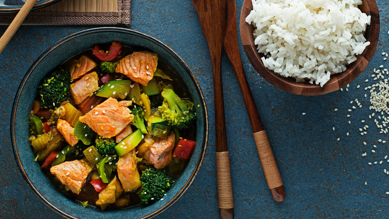 a photo of veggie and salmon stir-fry