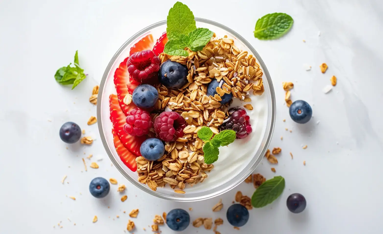 Yogurt parfait bowl with strawberries, raspberries, blueberries, granola and mint leaves