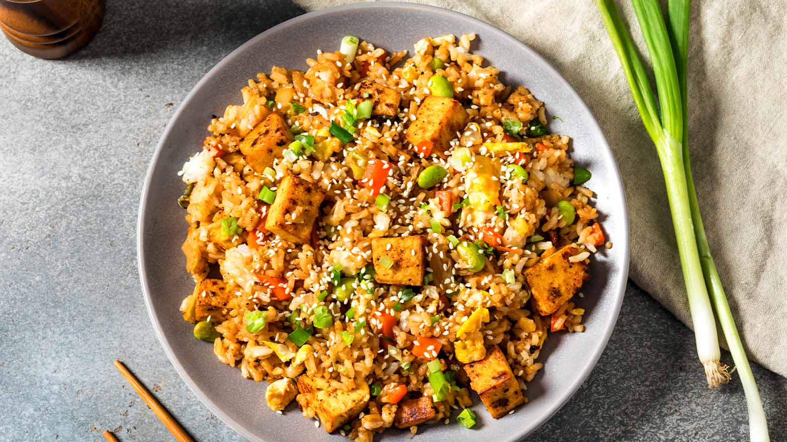 chile crisp fried rice with tofu and edamame