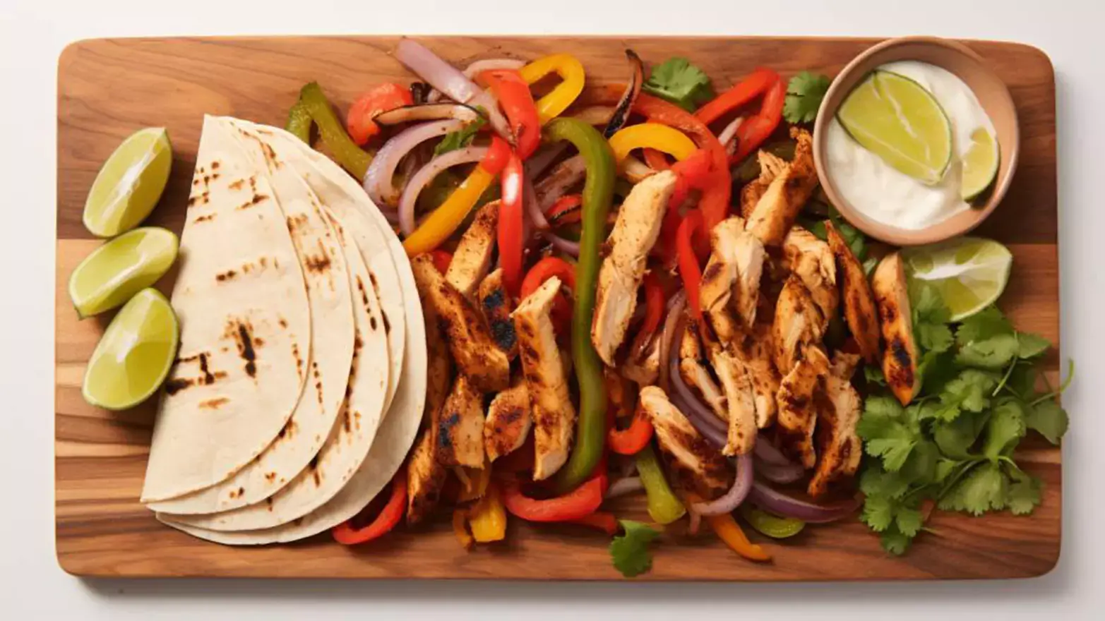 Tortillas, chicken strips, sauteed bell peppers and onions, cilantro, and lime wedges sitting on a rectangular wooden cutting board