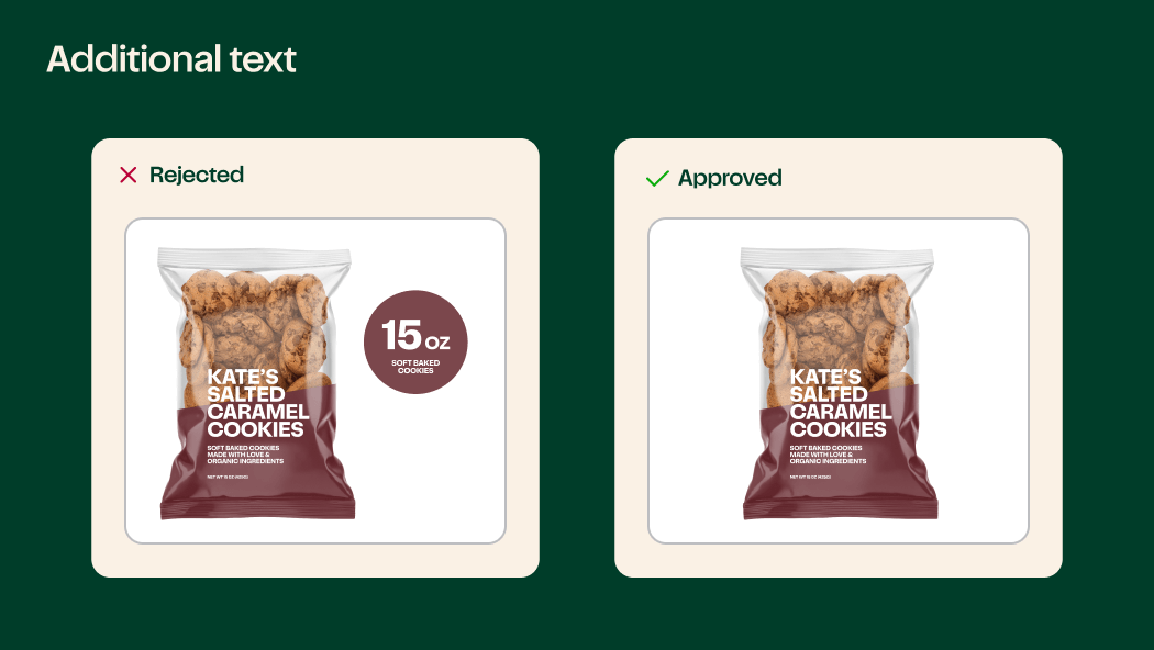 Example photo of a product image with additional text being rejected.