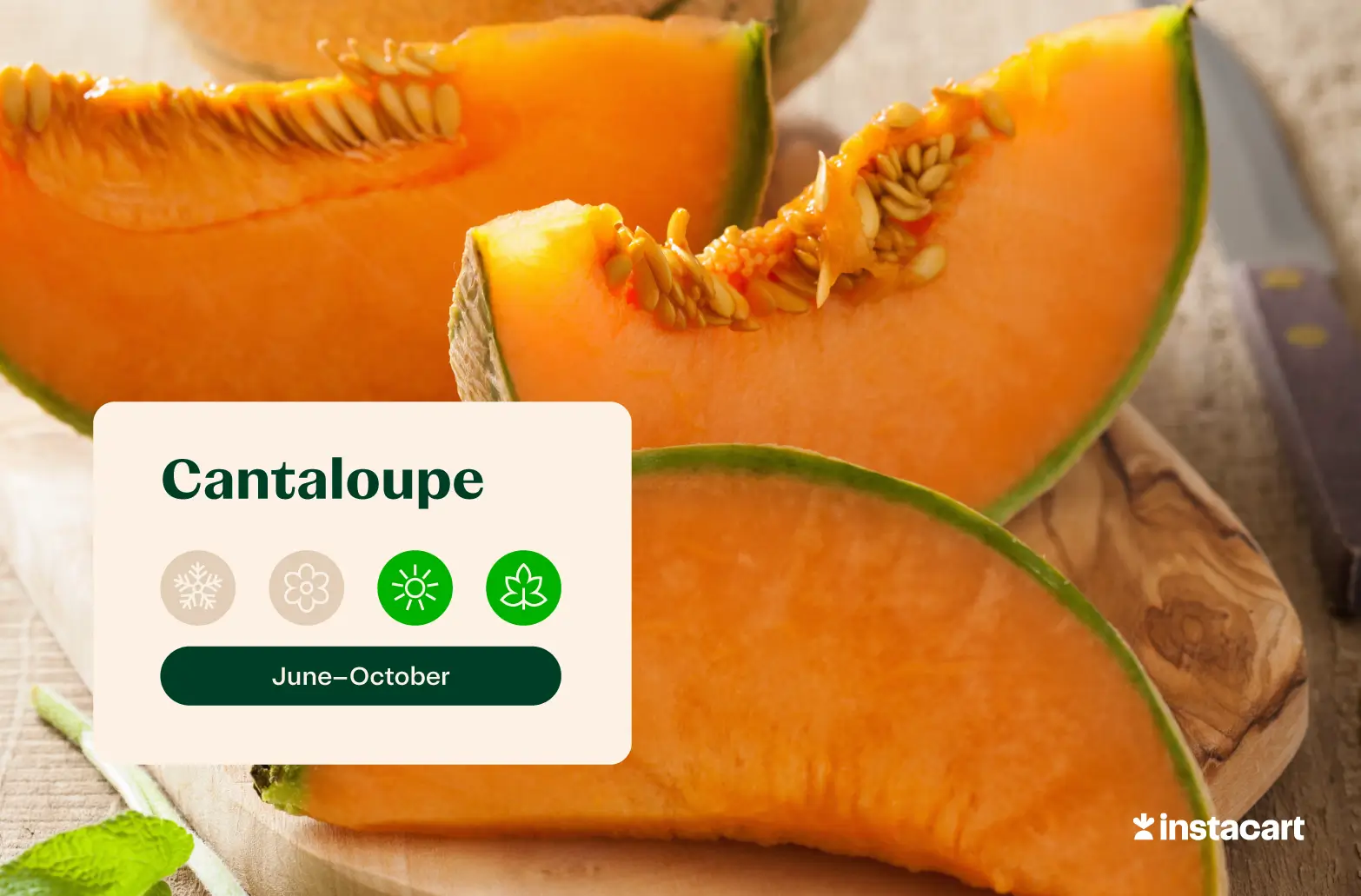 A whole cantaloupe in the background with a half and three slices of cantaloupe in the foreground.