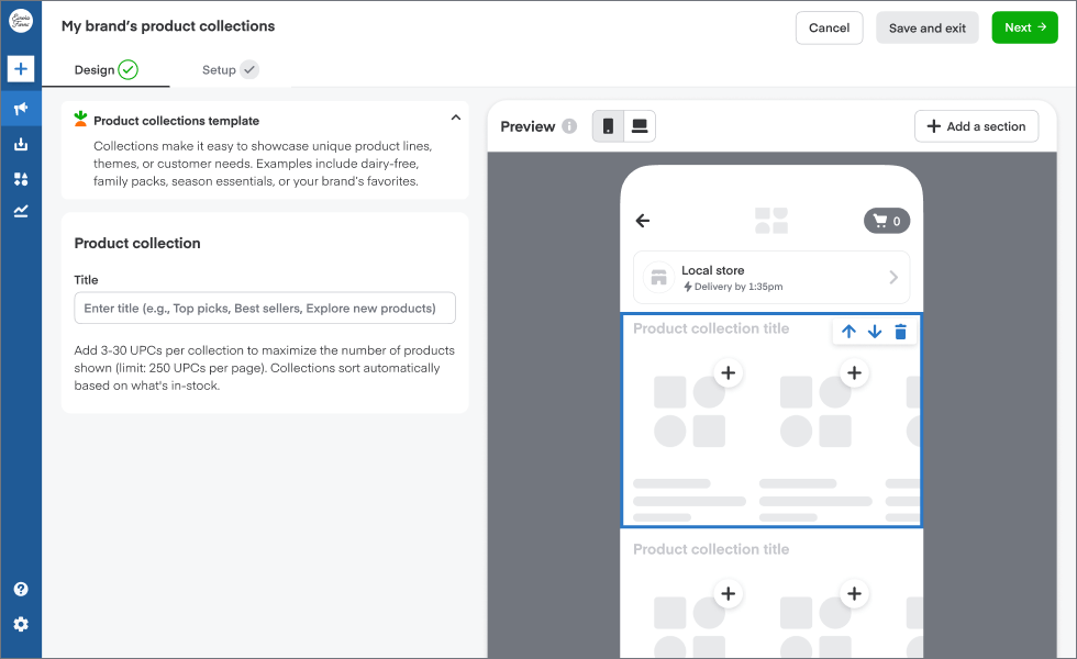 Configuration screen of pages showing how you can add sections and view the mobile preview.