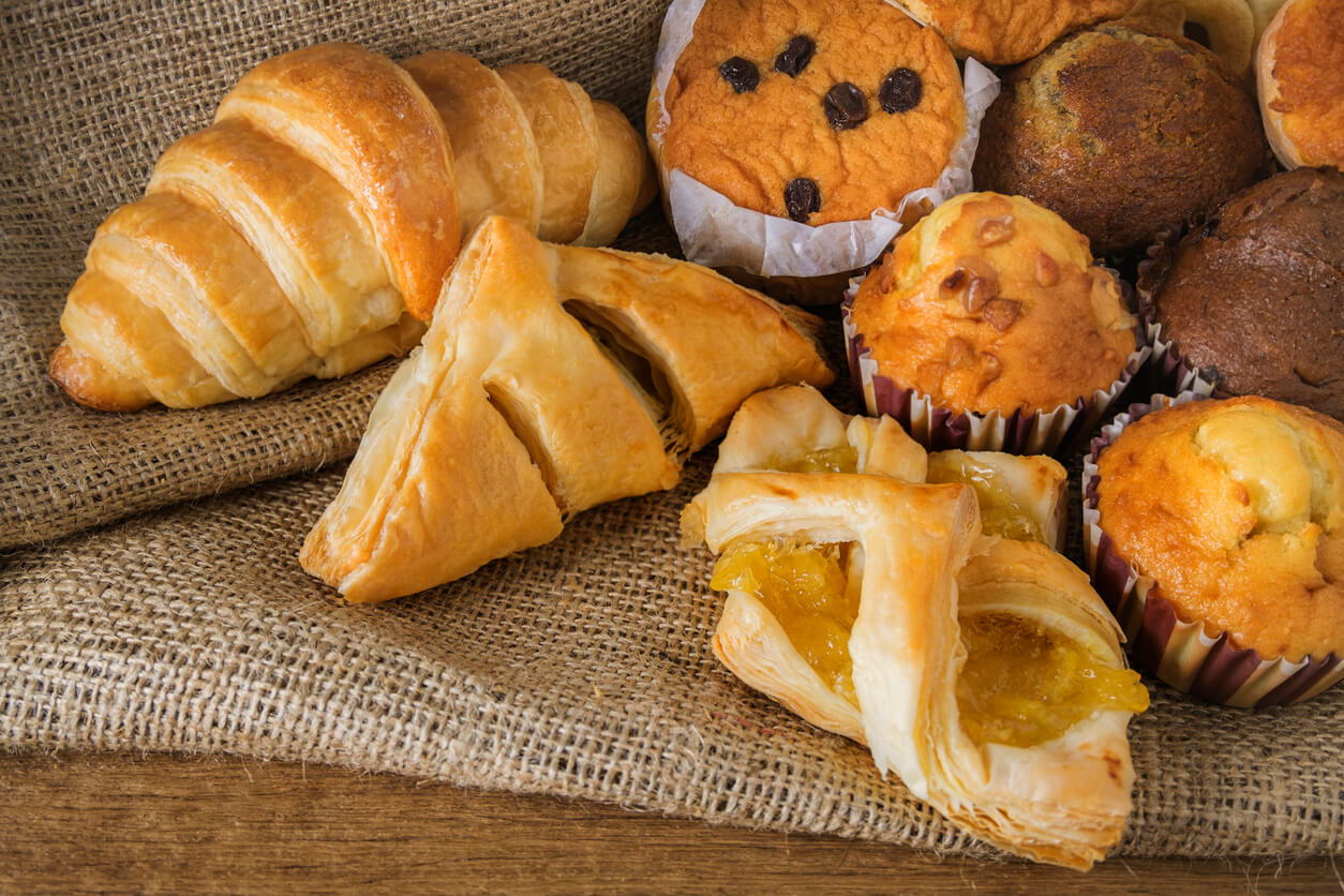 Bakery products on wooden table.