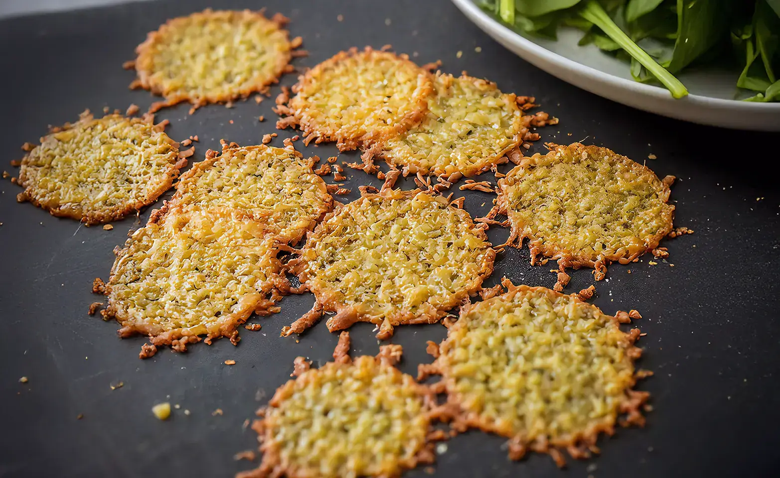 crunchy Parmesan keto chips on a black surface