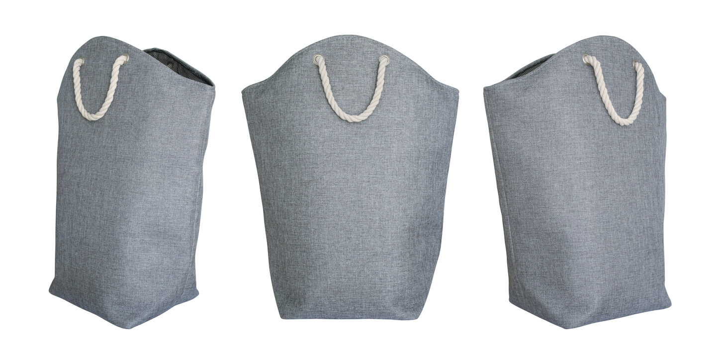 Grey Fabric Laundry Bag Isolated on White Background with Clipping Path