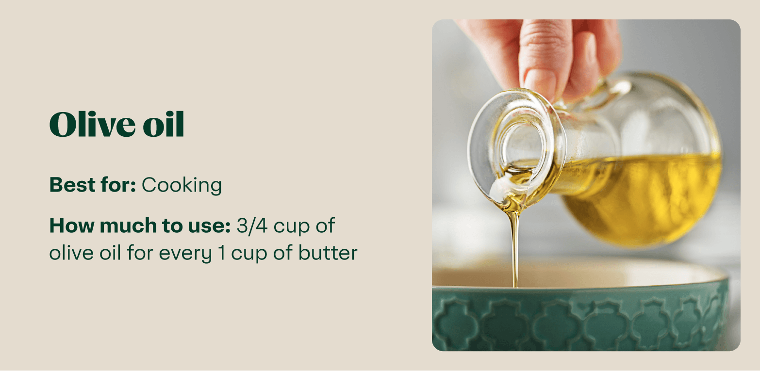 Image shows olive oil being poured into a bowl, with text suggesting ¾ cup of olive oil for every 1 cup of butter.