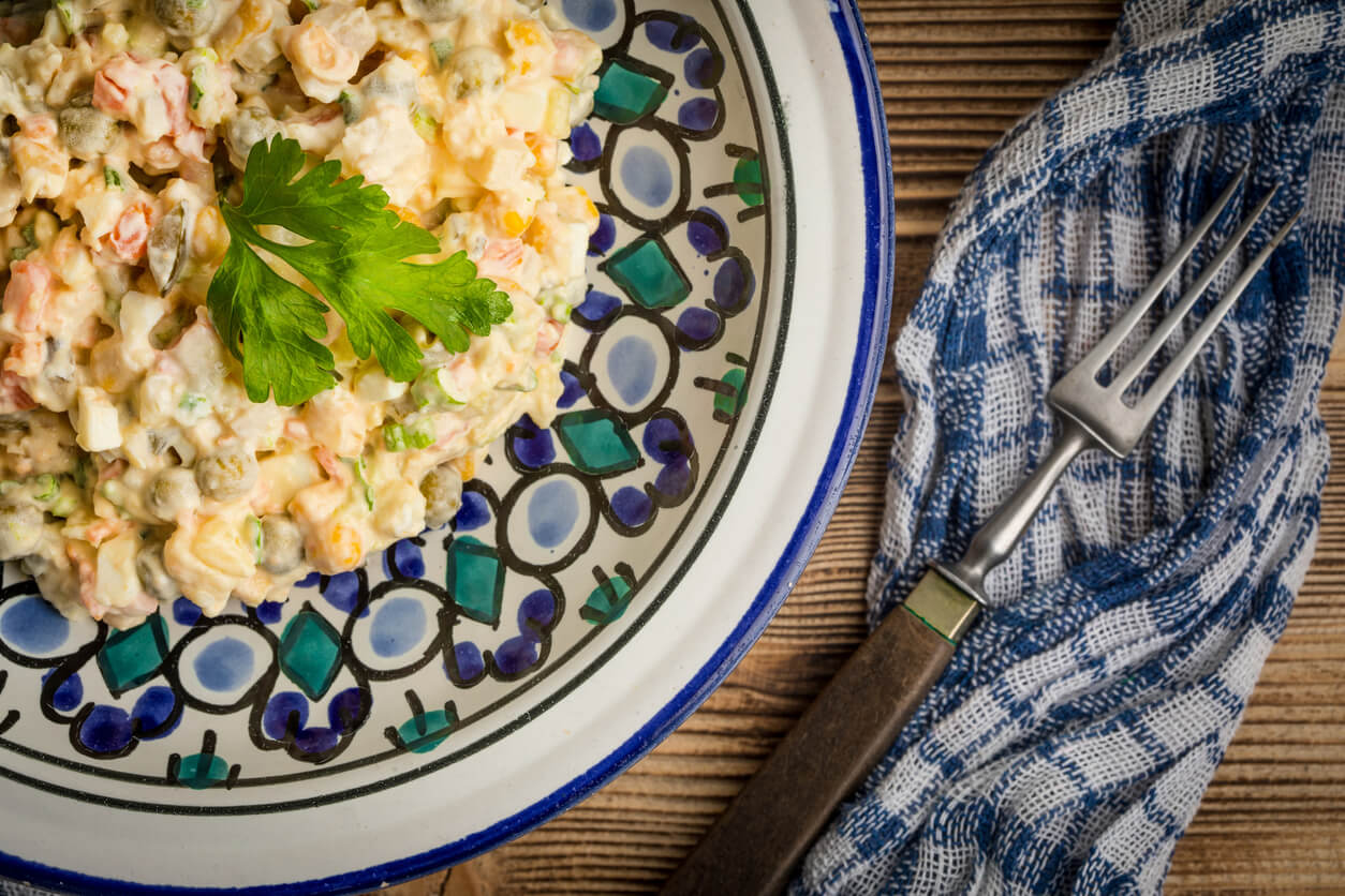 Traditional salad with cooked vegetables with mayonnaise.