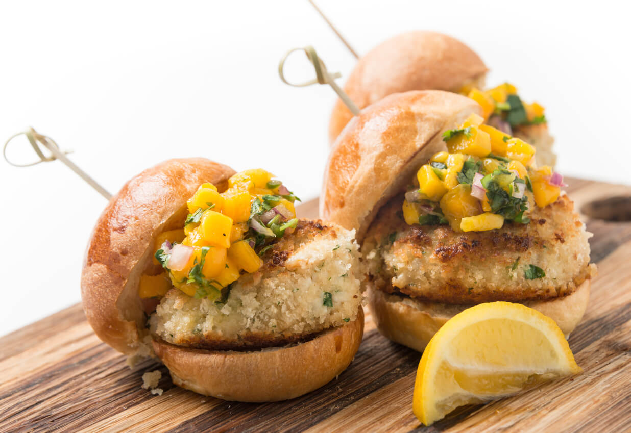 Crab Cake Sliders in white background