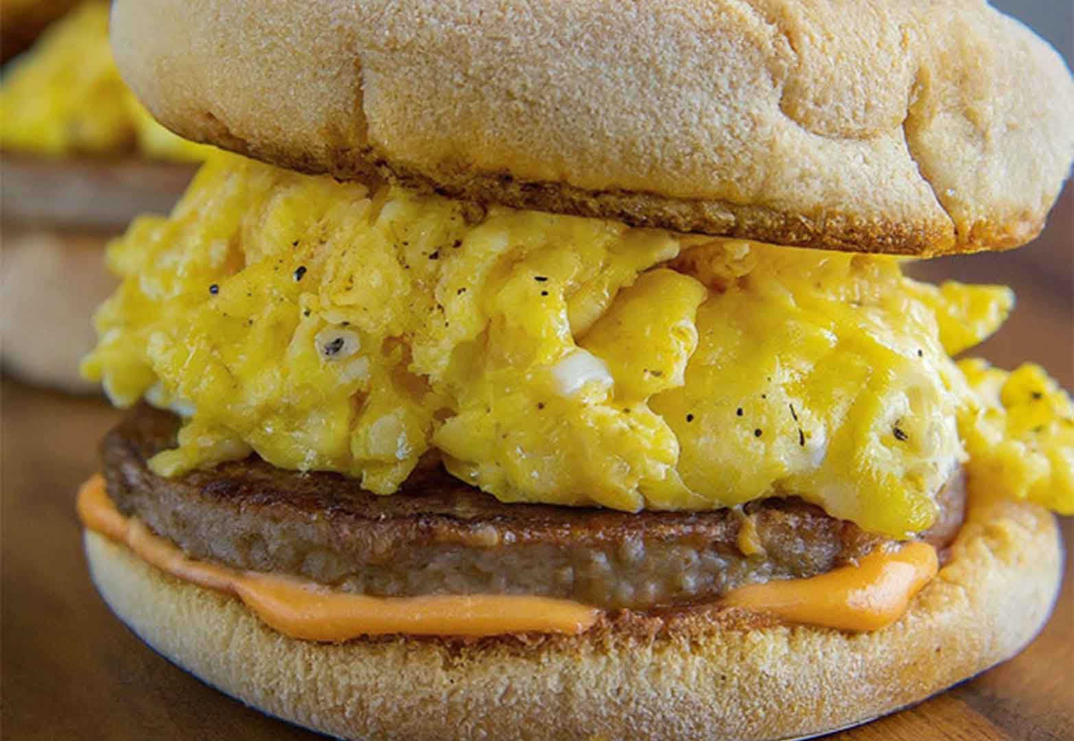 Breakfast sausage and egg muffin sandwich