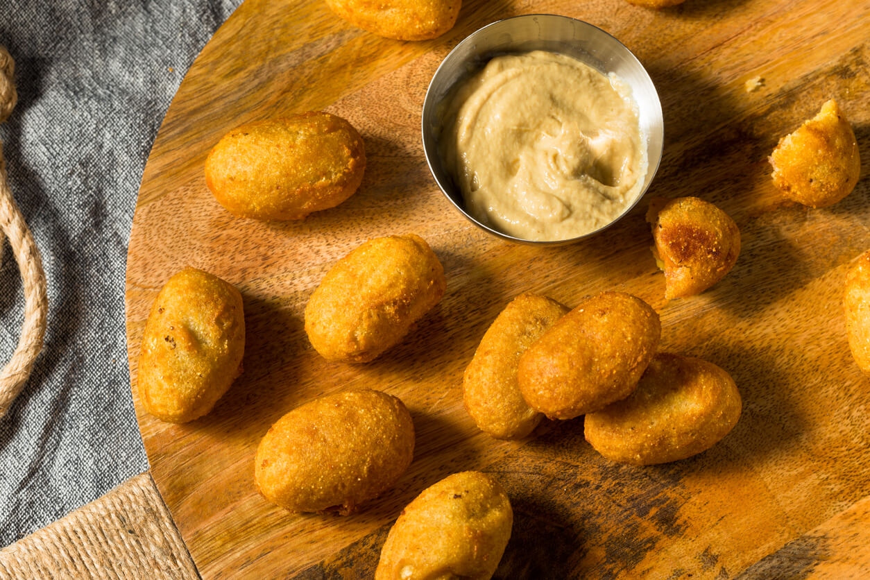 Homemade Mini Fried Corn Dogs with Yellow Mustard