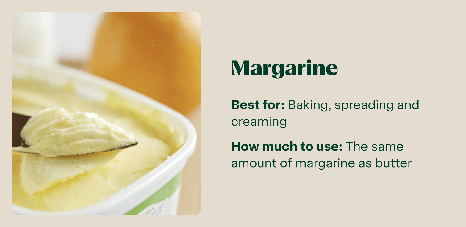 A tub of yellow margarine (butter substitute) with a lid has a knife scooping out a spoonful, suitable for baking, spreading, and creaming.