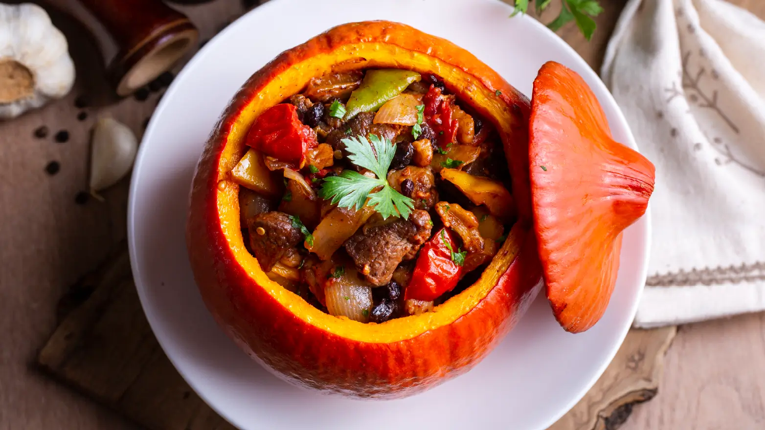Stew served in a pumpkin
