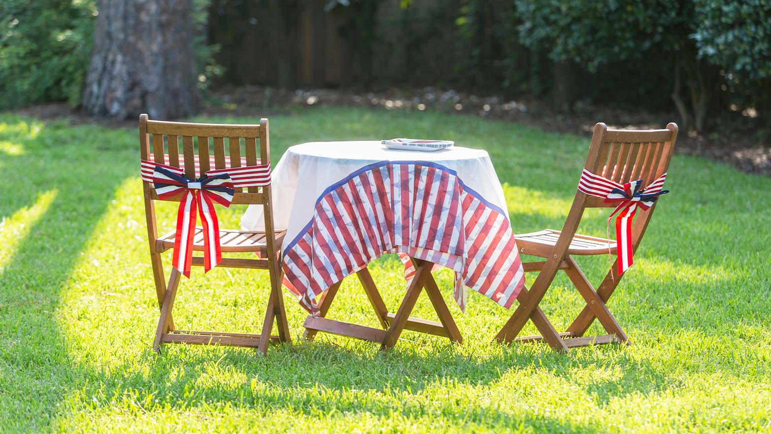 Red, white and blue chair decorations