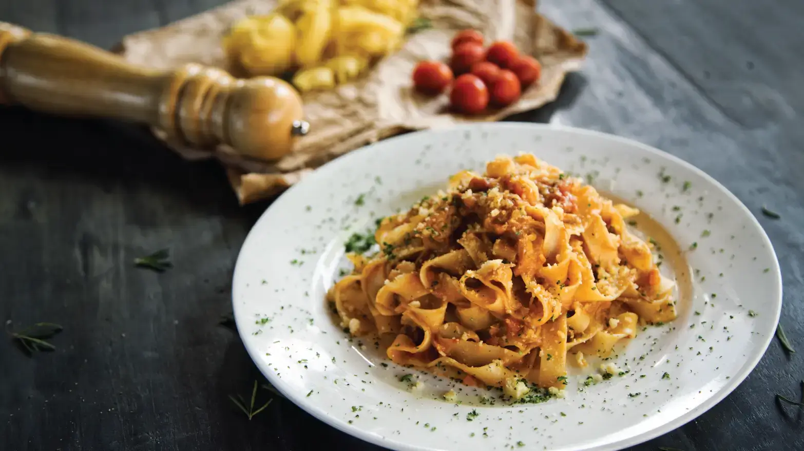 bowl of long pasta cooked using a dry to cooked pasta converter