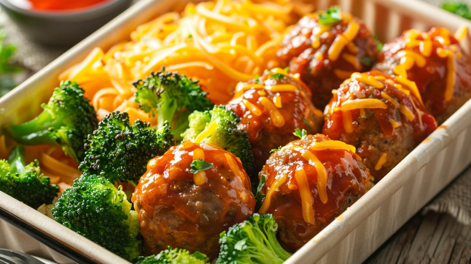 meatball, broccoli and cheese box