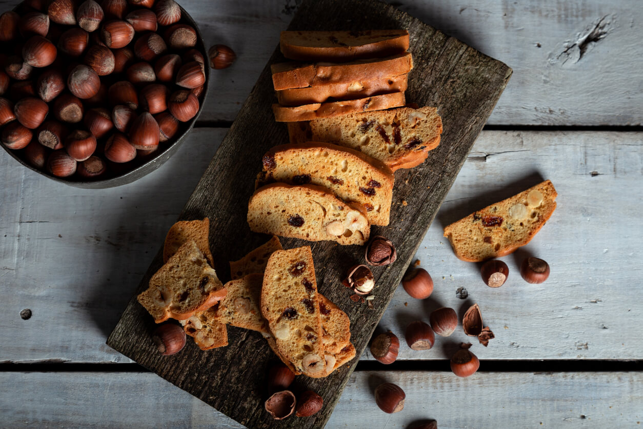 Tasty traditional Italian homemade biscotti or cantuccini cookies with hazelnuts.