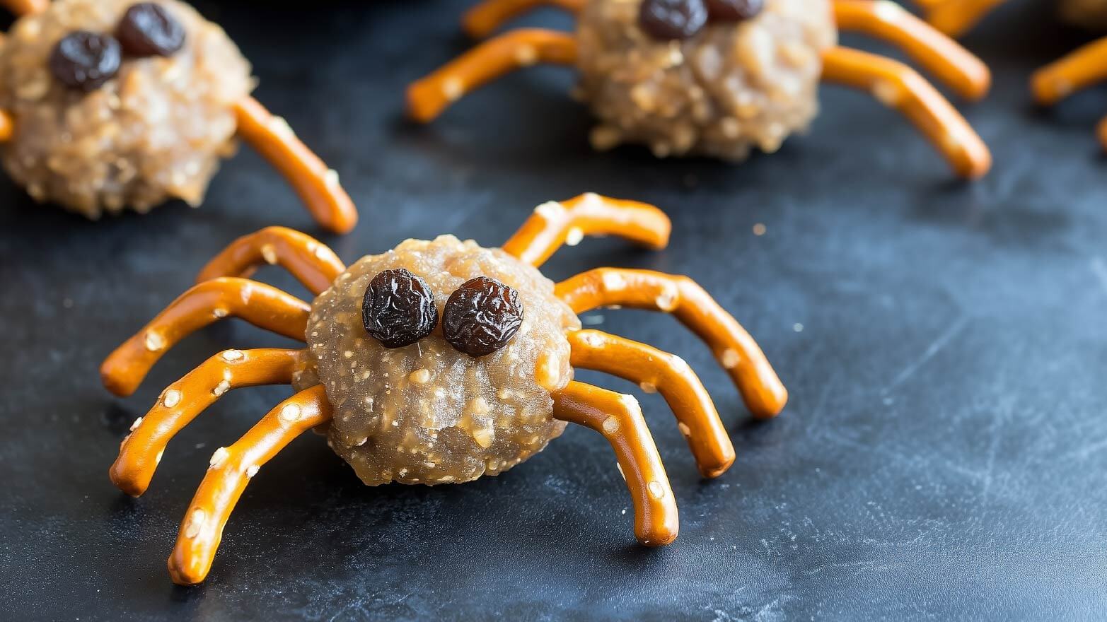 Energy bites that look like spiders with pretzel sticks and raisins