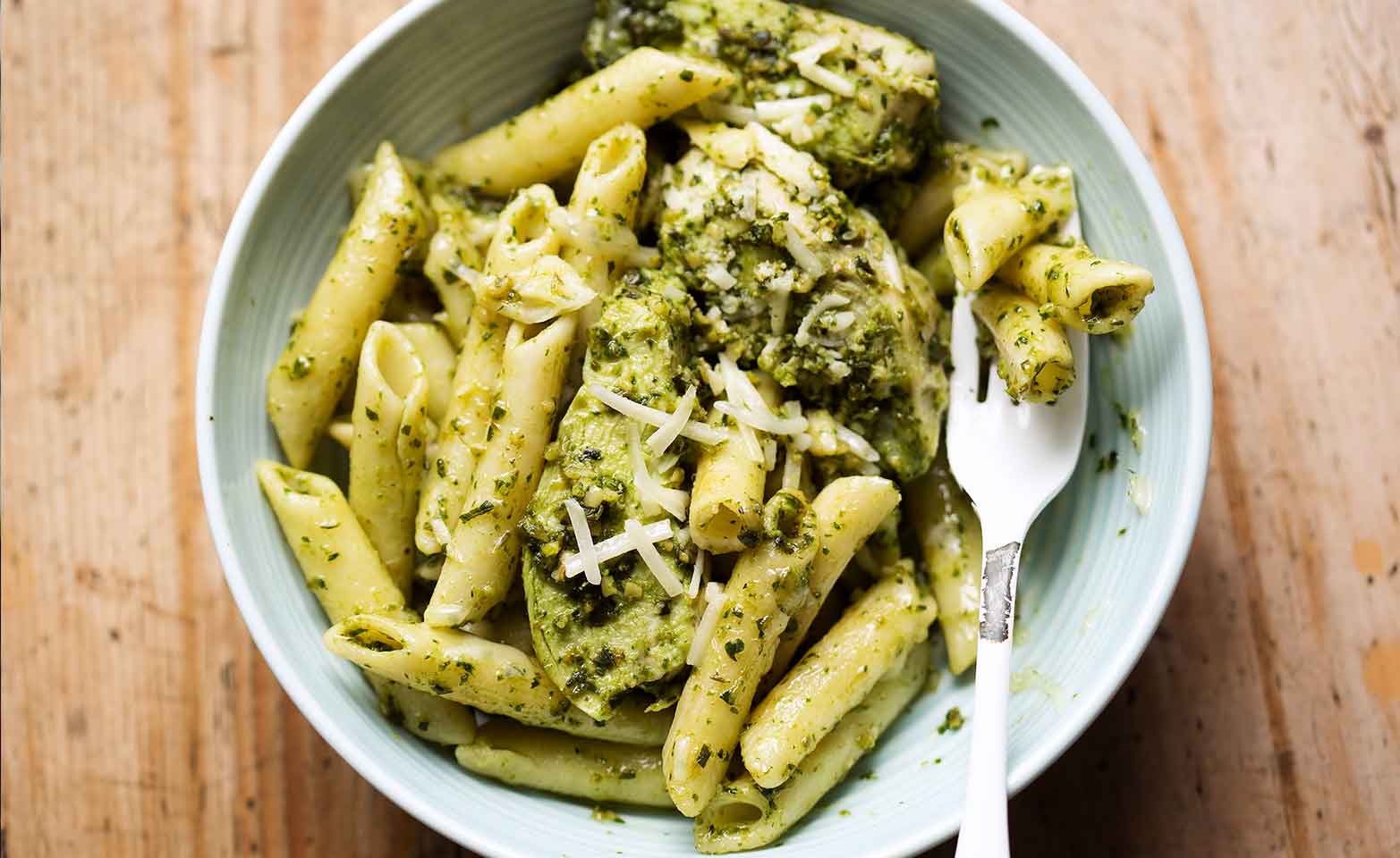 Stock image of pesto chicken pasta