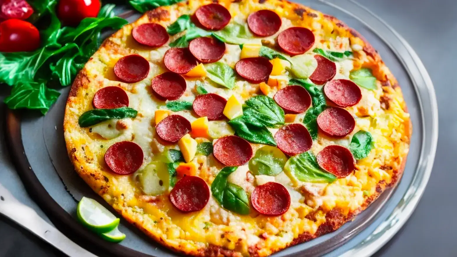 cauliflower pizza with turkey pepperoni and spinach