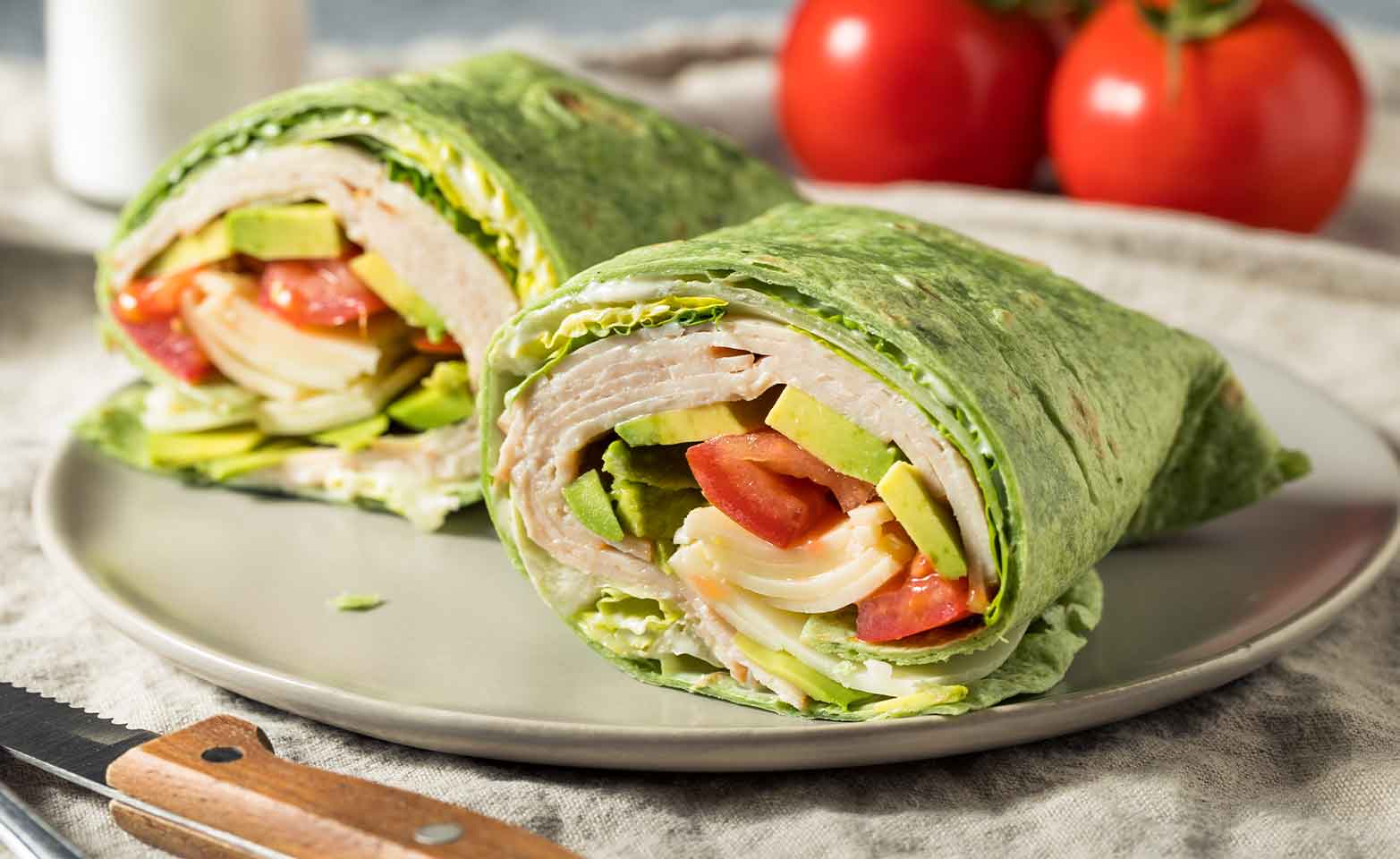 Stock image of turkey and avocado wraps