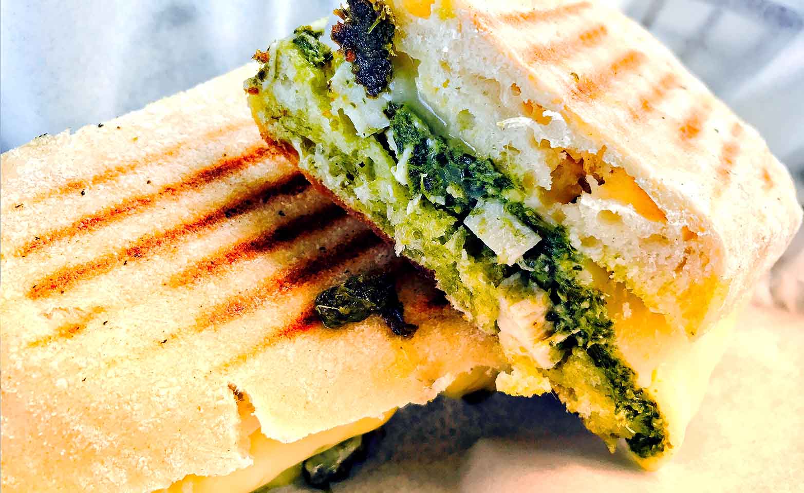Stock image of grilled pesto chicken panini