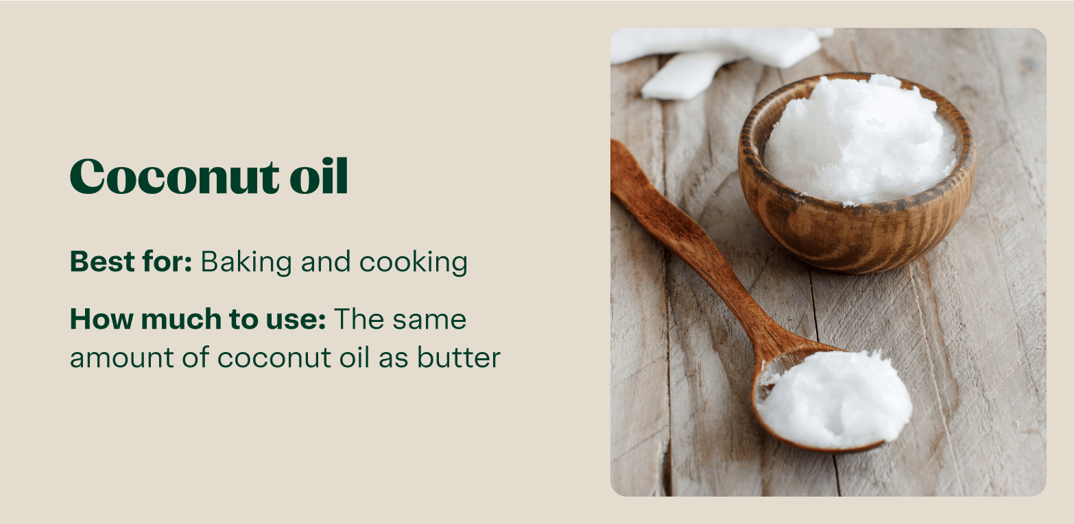 Image of coconut oil, demonstrating that the same amount of coconut oil can be used as butter for baking and cooking.