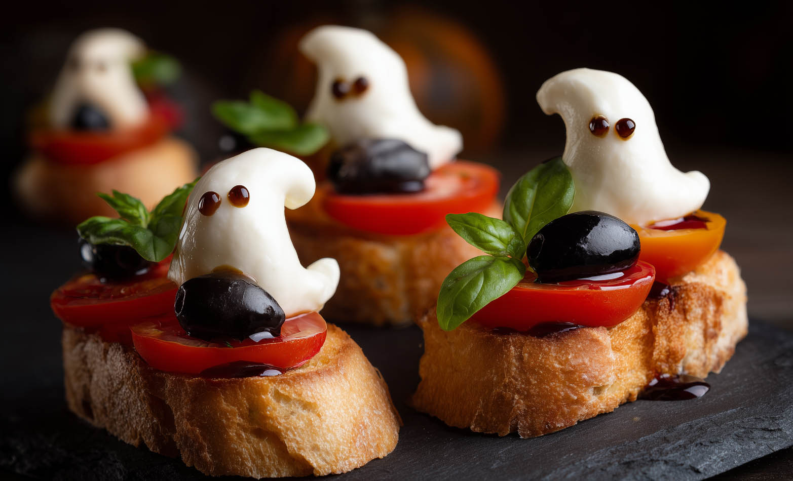 Caprese crostini ghosts