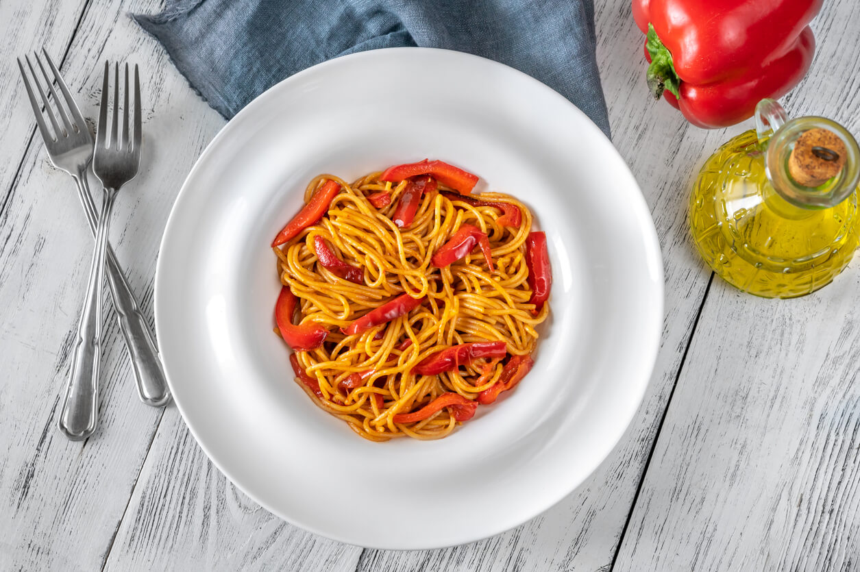 Roasted Red Pepper Spaghetti Pasta On The Plate