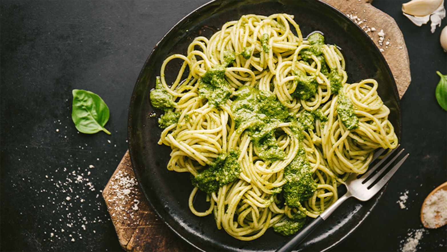 Plate of basil pesto pasta