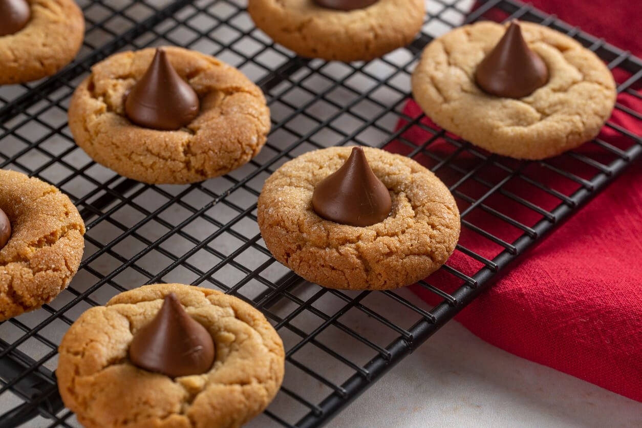 Classic Peanut Butter Blossom Cookies on a Kitchen Counter