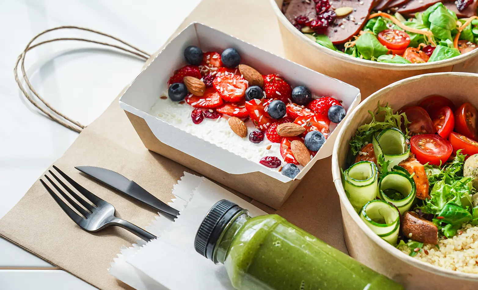 A photo of fresh takeout food.