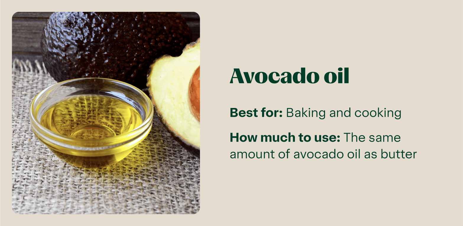 Container of avocado oil for baking and cooking, with text advising to use the same amount as butter.