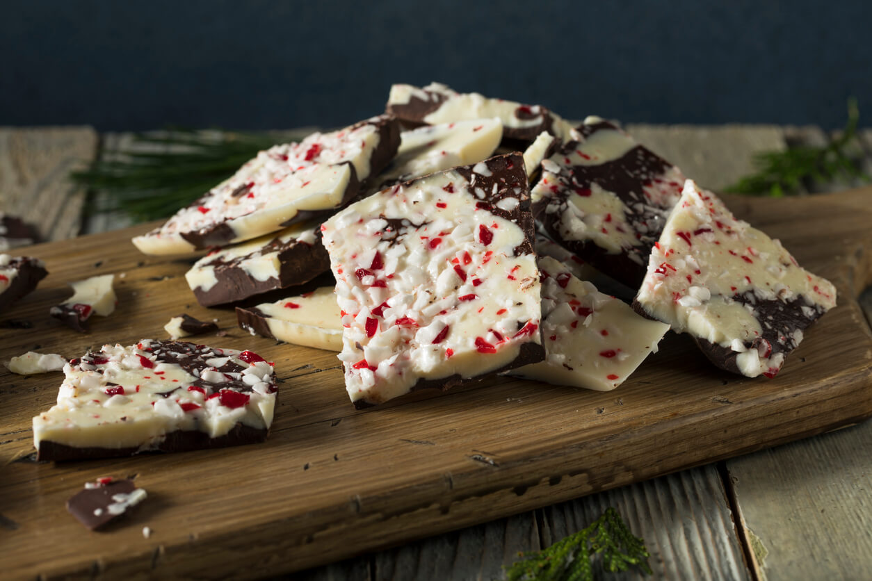 Homemade Sweet Peppermint Bark with White and Dark Chocolate.