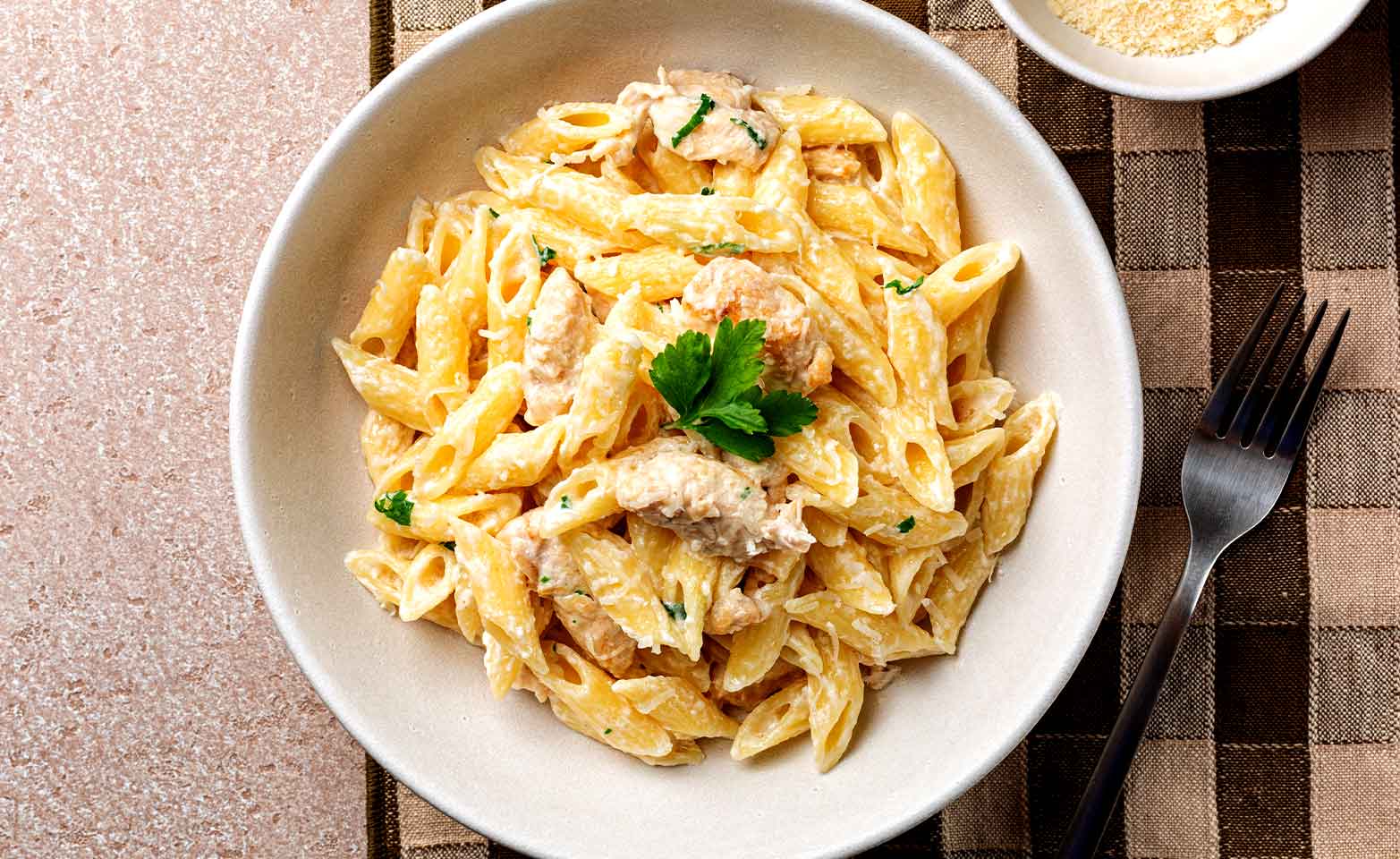 Stock image of garlic Parmesan chicken pasta