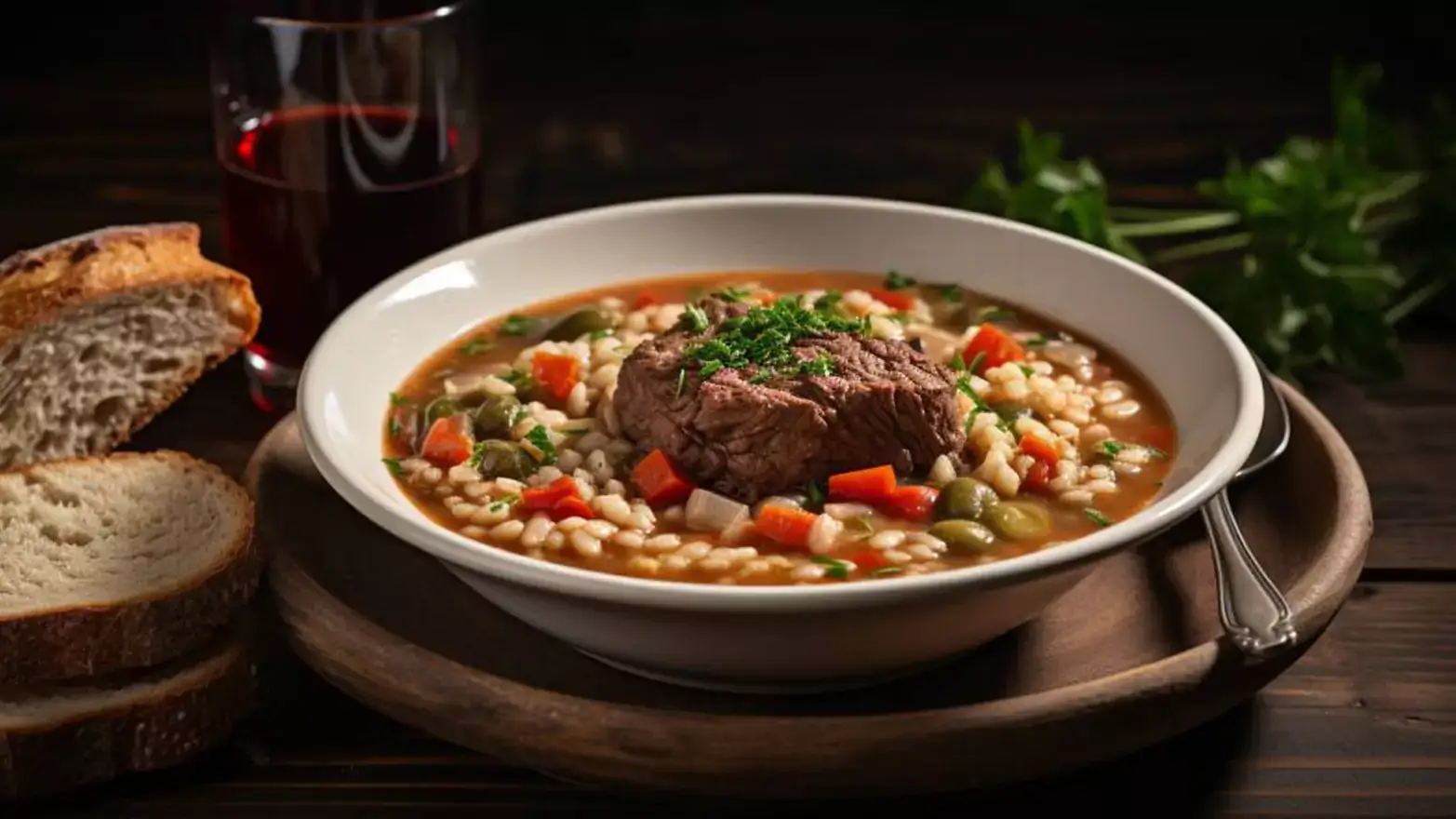 Bowl of beef and barley soup on a wooden countertop next to thick slices of bread and a glass of wine