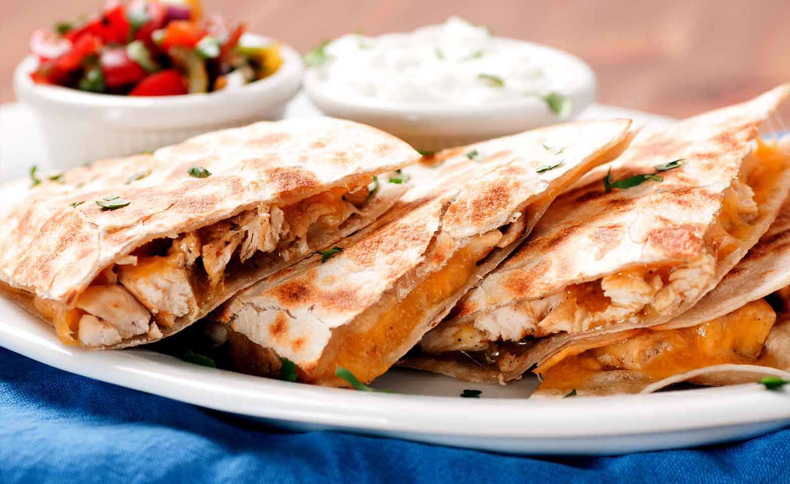 Stock image of chicken and cheese quesadillas