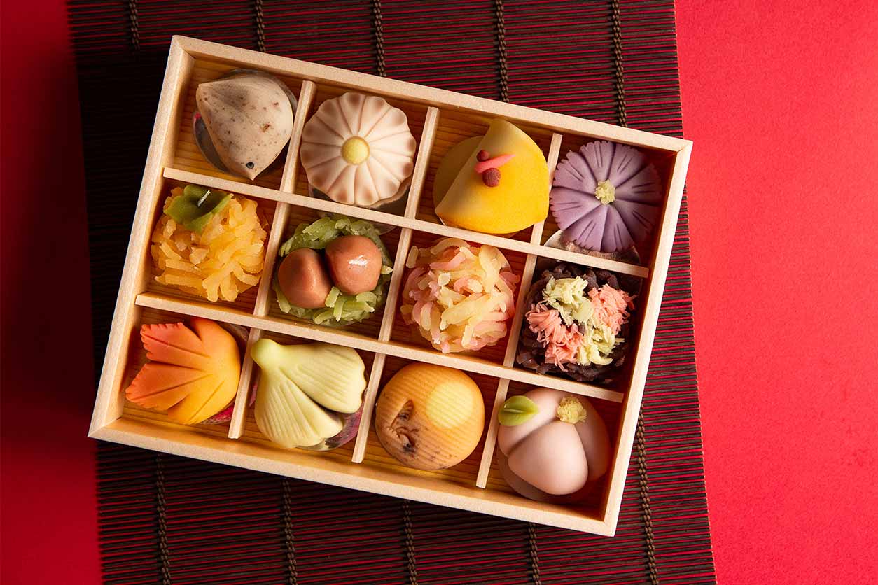 an international snack basket with marzipan