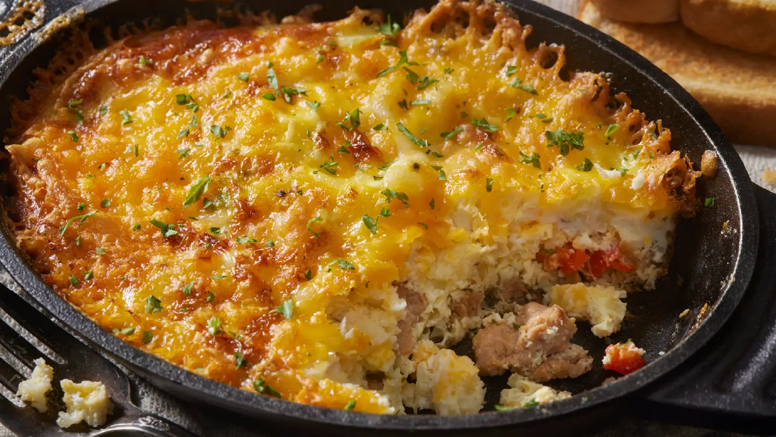 Stock image of sausage and egg breakfast casserole