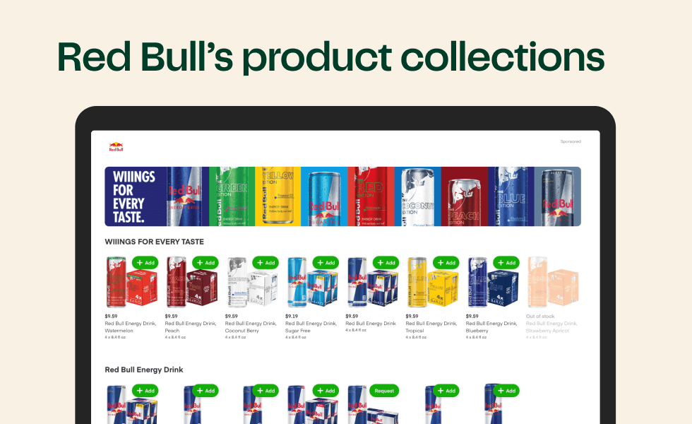 Red Bull's page on Instacart showing cans and cases of Red Bull