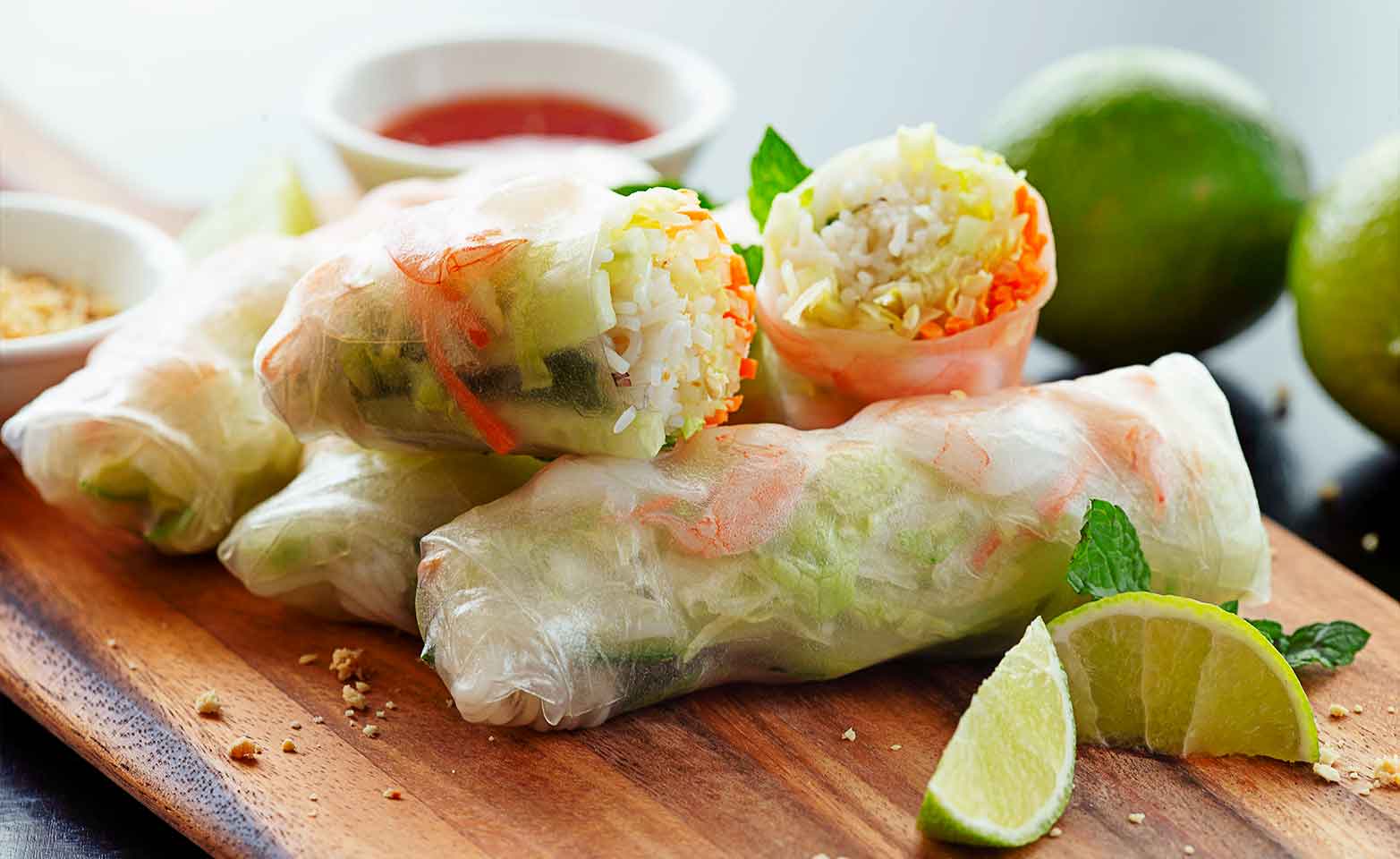 Stock image of teriyaki spring rolls